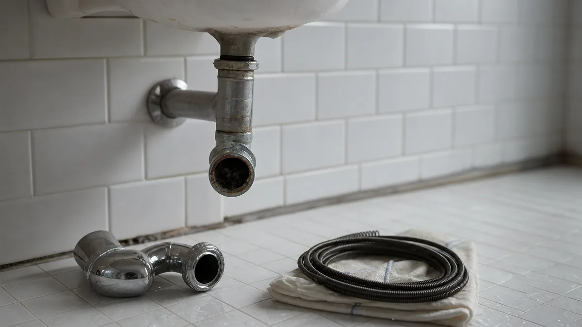 Handwerker führt eine Rohrreinigungsspirale in einen Wandabfluss ein – Badezimmer mit geöffnetem Siphon und Werkzeug auf dem Boden