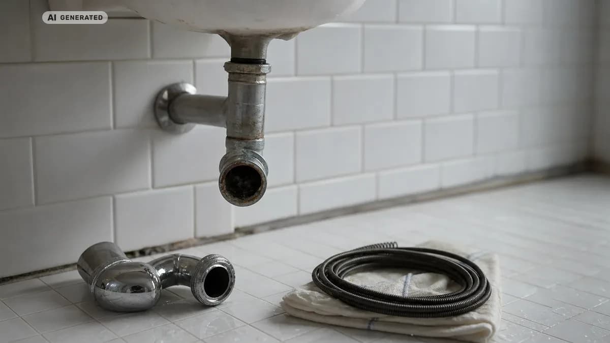 KI-generiertes Bild: Handwerker führt eine Rohrreinigungsspirale in einen Wandabfluss ein – Badezimmer mit geöffnetem Siphon und Werkzeug auf dem Boden