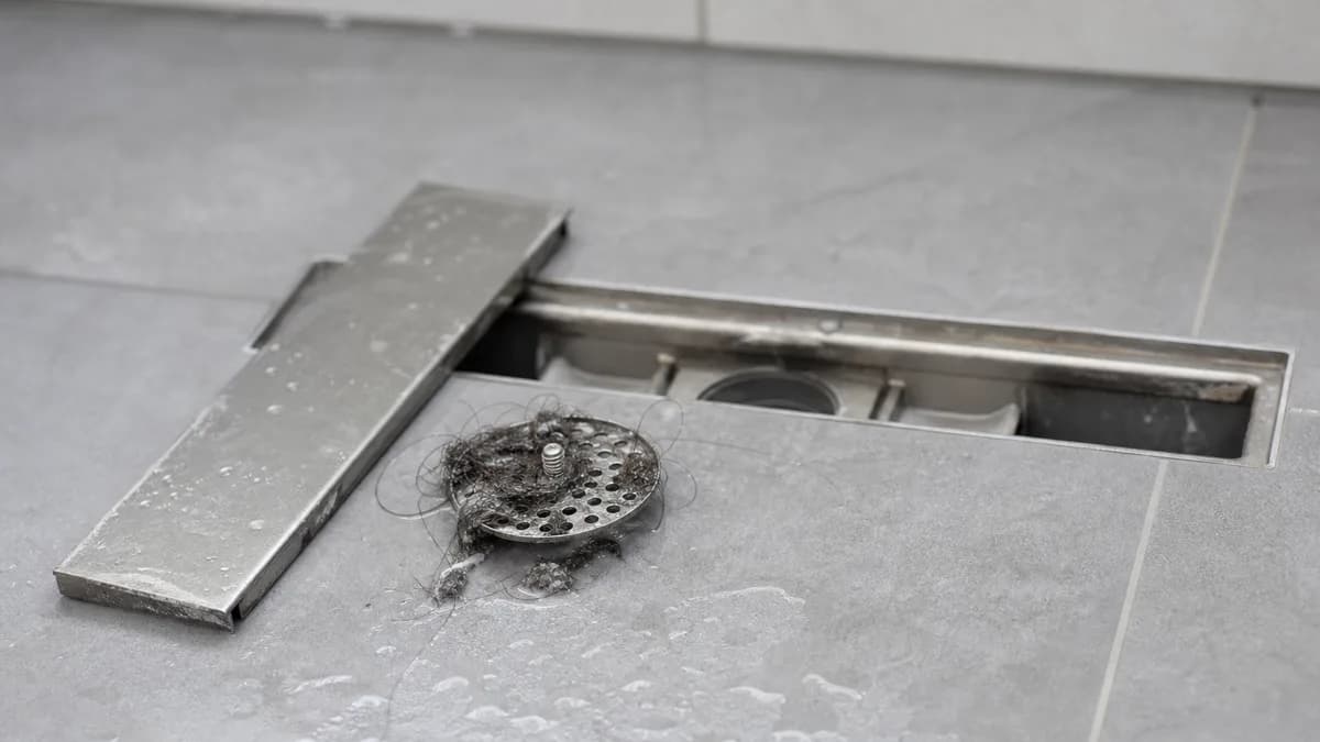 Geöffneter Ablauf einer bodengleichen Dusche mit herausgezogenem Haarsieb und Duschrinne