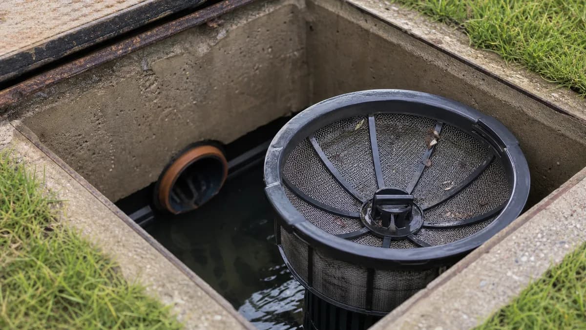 Geöffnete Regenwasserzisterne im Garten mit sichtbarem Filtereinsatz und klarem Wasser – Wartungsarbeiten im Gange