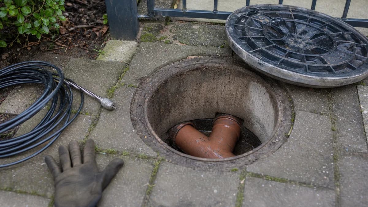 Geöffneter Revisionsschacht an einer Grundstücksgrenze mit Blick auf das Abwasserrohr, daneben Werkzeug für die Kanaluntersuchung