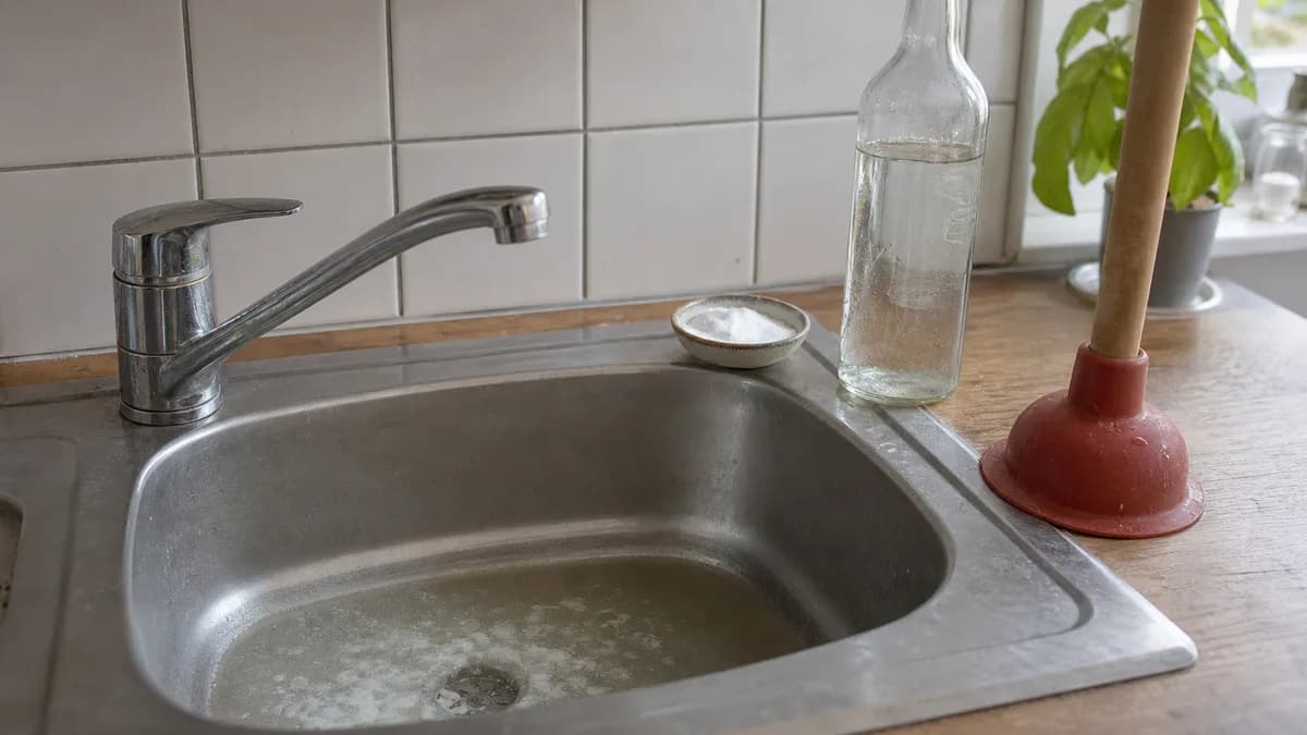 Spülbecken mit Ablauf aus Edelstahl, auf der Arbeitsfläche daneben eine Schüssel mit Natron, eine Essigflasche und ein Pümpel