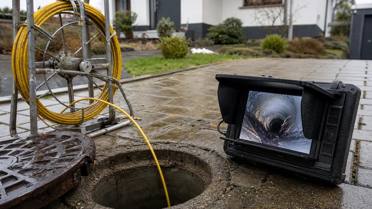 Fachmann führt eine Kanalkamera in einen offenen Kontrollschacht vor einem Einfamilienhaus ein, daneben zeigt ein Monitor das Live-Bild aus dem Abwasserrohr