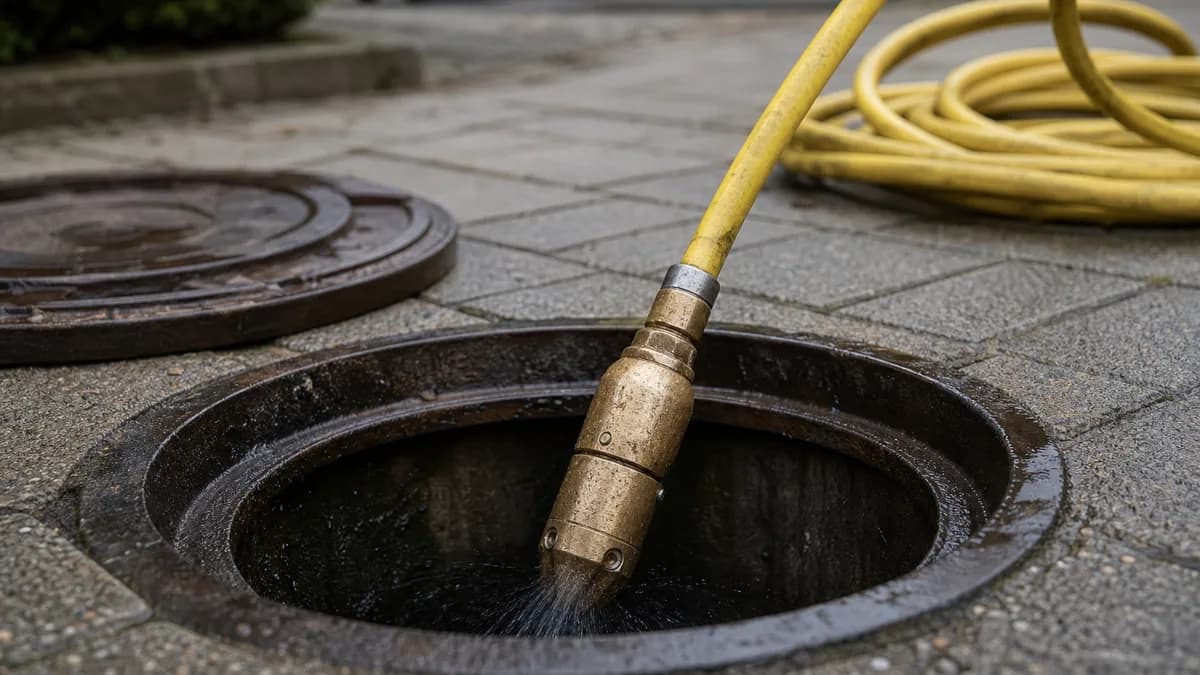Spülschlauch mit Hochdruckdüse wird in einen offenen Kanalschacht eingeführt, im Hintergrund ein Techniker