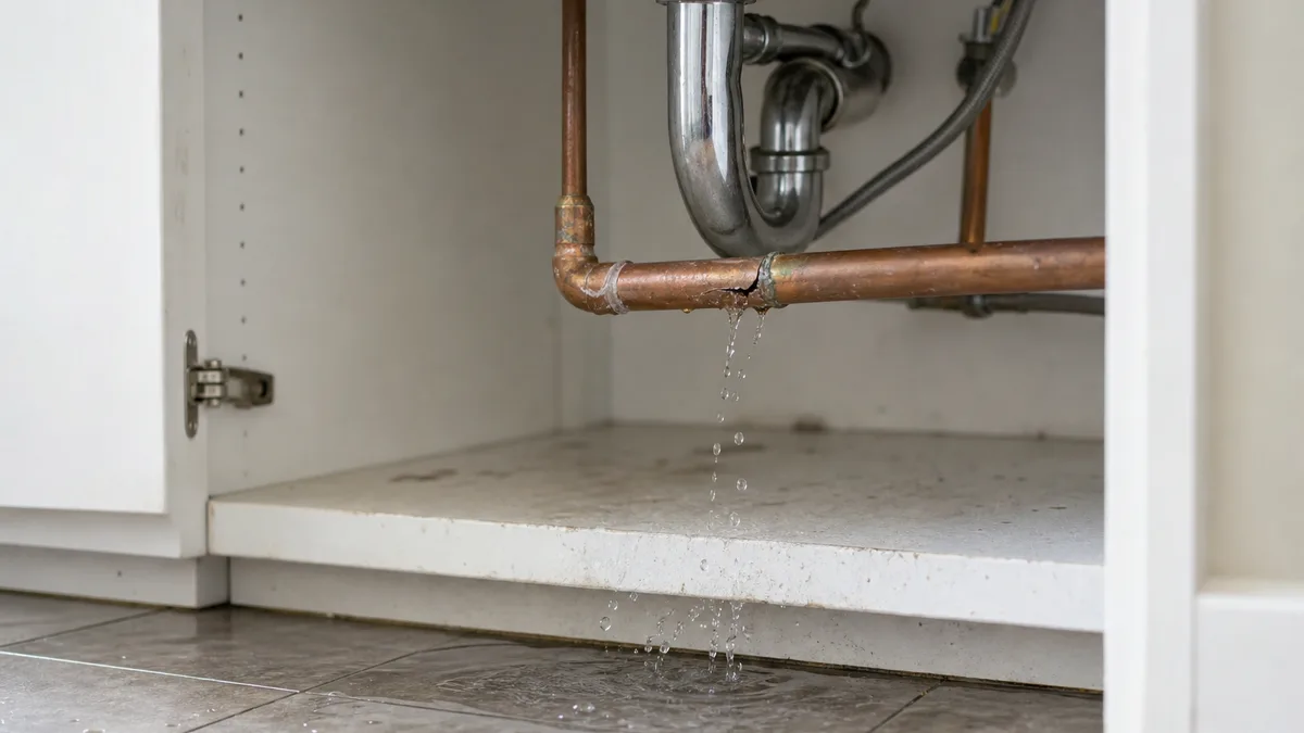 Wasser tritt aus einem gebrochenen Rohr unter einer Spüle aus, Detailaufnahme in einem Hauswirtschaftsraum