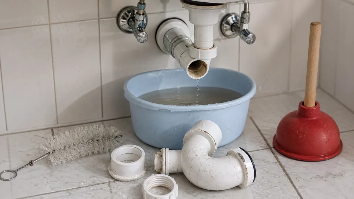 Zerlegter Kunststoffsiphon unter einem Waschbecken mit daruntergestelltem Eimer, daneben Flaschenbürste und Saugglocke