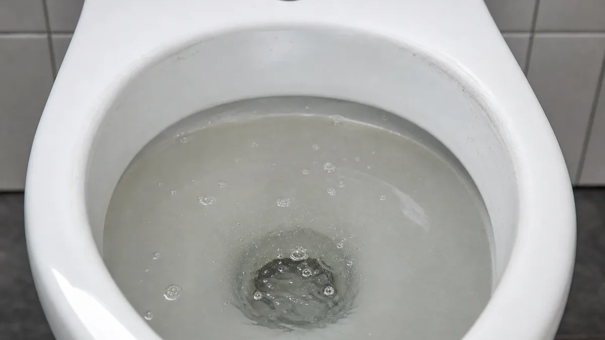 Detailaufnahme einer Toilette, bei der das Wasser nach dem Spülen nur langsam und mit sichtbaren Luftblasen abläuft – ein deutlicher Hinweis auf eine Blockade im Abfluss